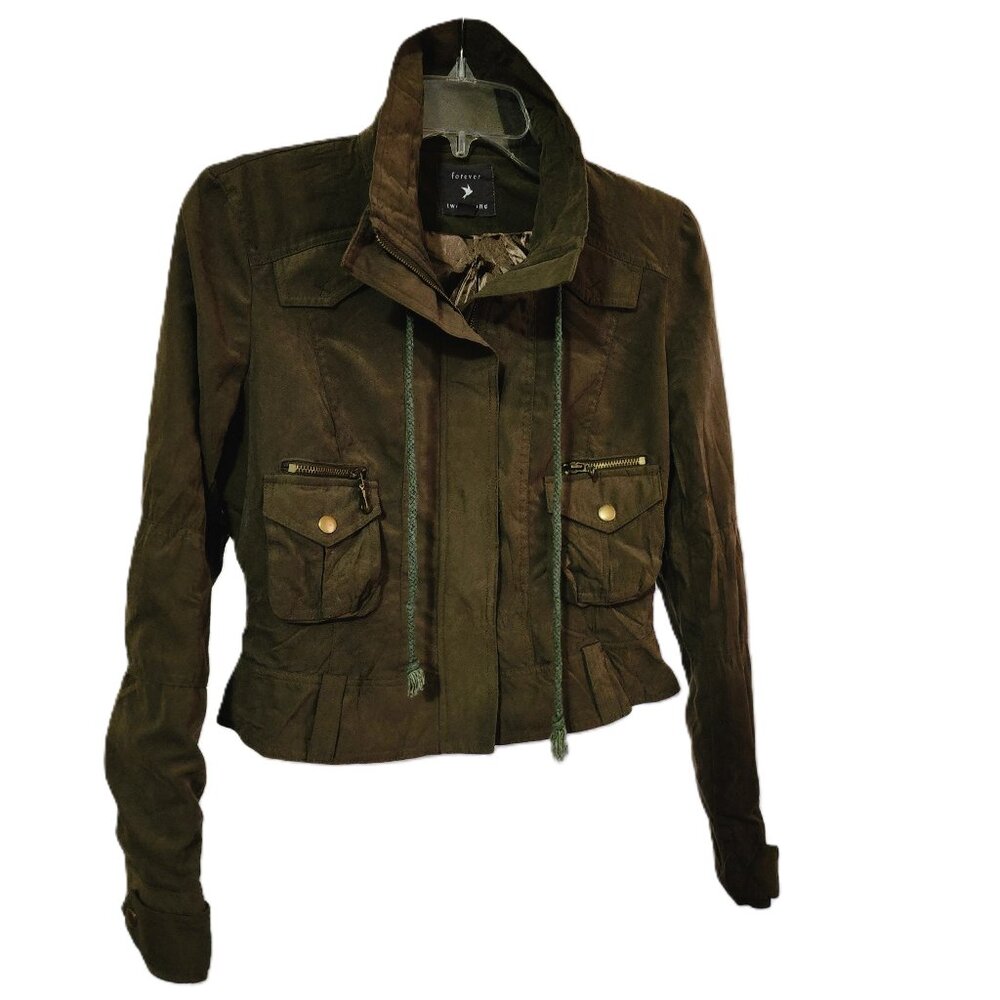 Forever 21 Women Sage Cargo Moto Long Sleeve High Neck Zipper Jacket Size M